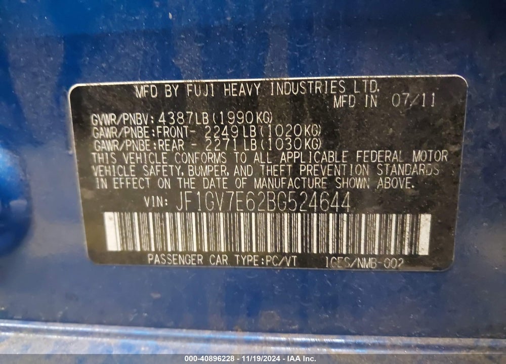 2011 SUBARU IMPREZA VIN: JF1GV7E62BG524644