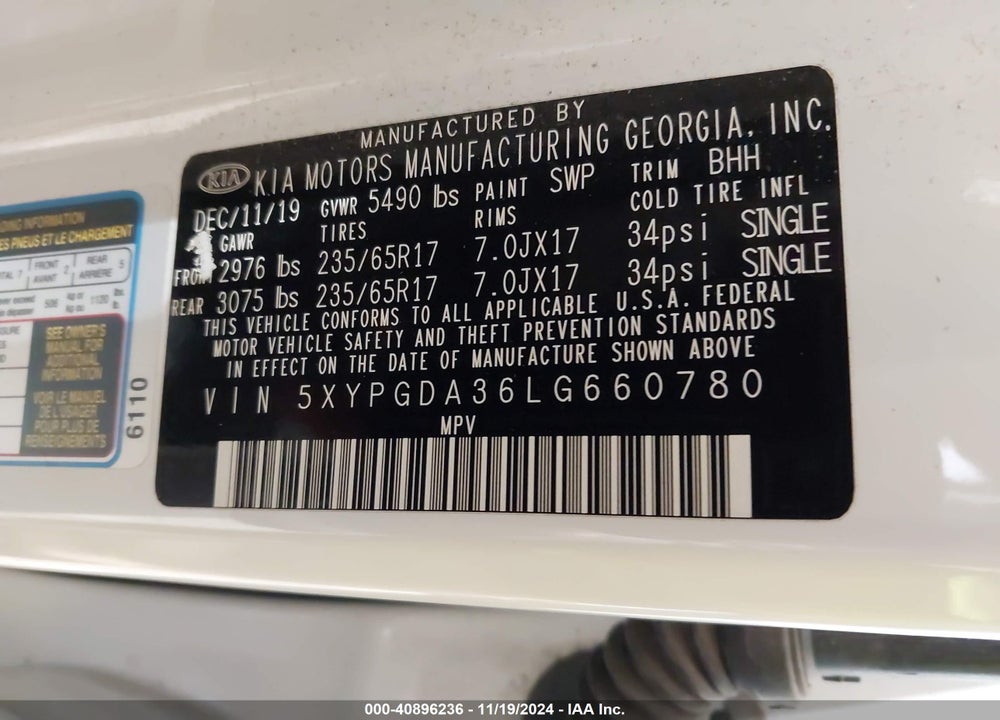 2020 KIA SORENTO 2.4L LX VIN: 5XYPGDA36LG660780