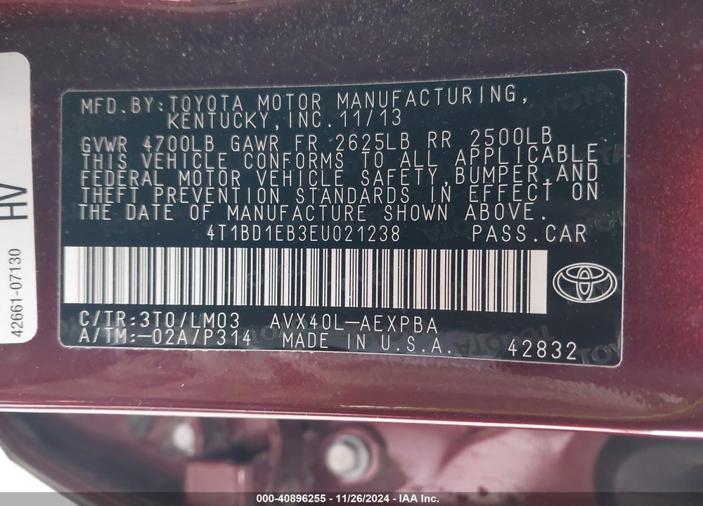 2014 TOYOTA AVALON HYBRID VIN: 4T1BD1EB3EU021238