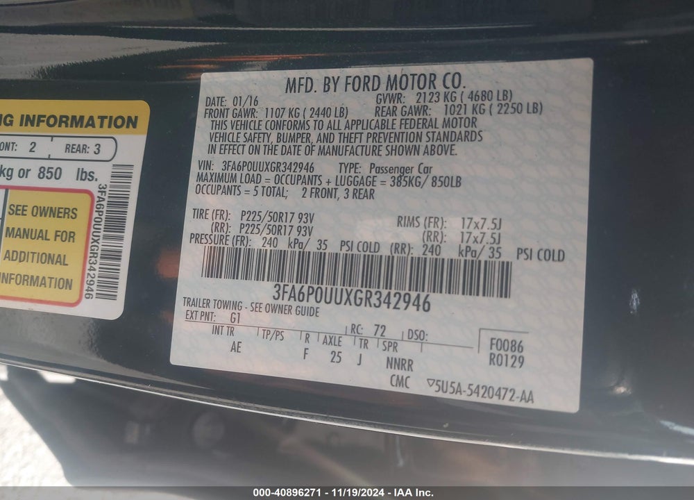 2016 FORD FUSION HYBRID S VIN: 3FA6P0UUXGR342946