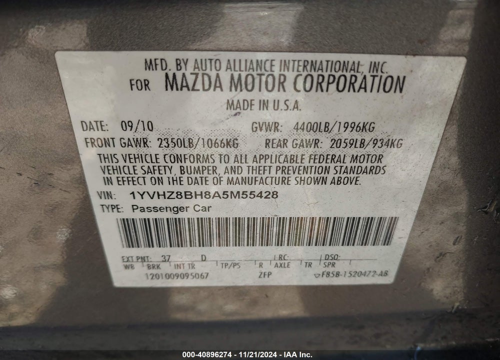 2010 MAZDA 6 I SPORT VIN: 1YVHZ8BH8A5M55428