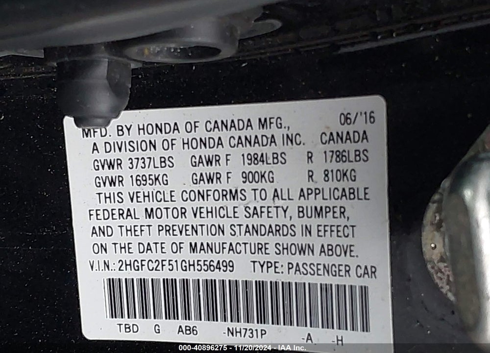 2016 HONDA CIVIC LX VIN: 2HGFC2F51GH556499