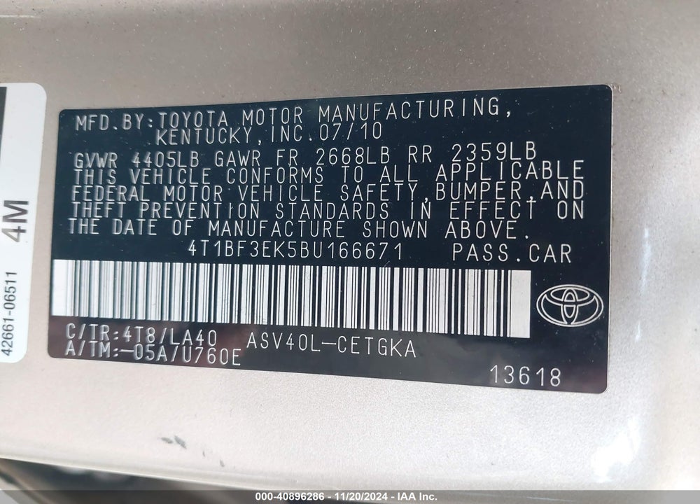 2011 TOYOTA CAMRY XLE VIN: 4T1BF3EK5BU166671