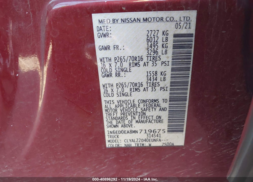 2021 NISSAN FRONTIER SV 4X2 VIN: 1N6ED0EA8MN719675