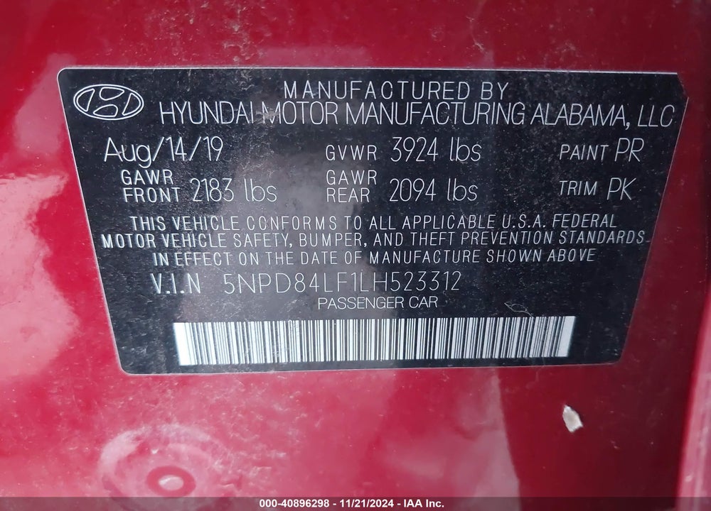 2020 HYUNDAI ELANTRA SEL VIN: 5NPD84LF1LH523312