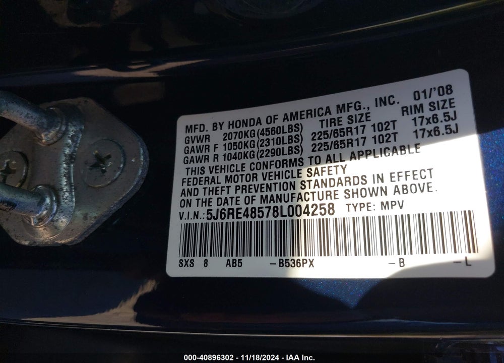 2008 HONDA CR-V EX VIN: 5J6RE48578L004258