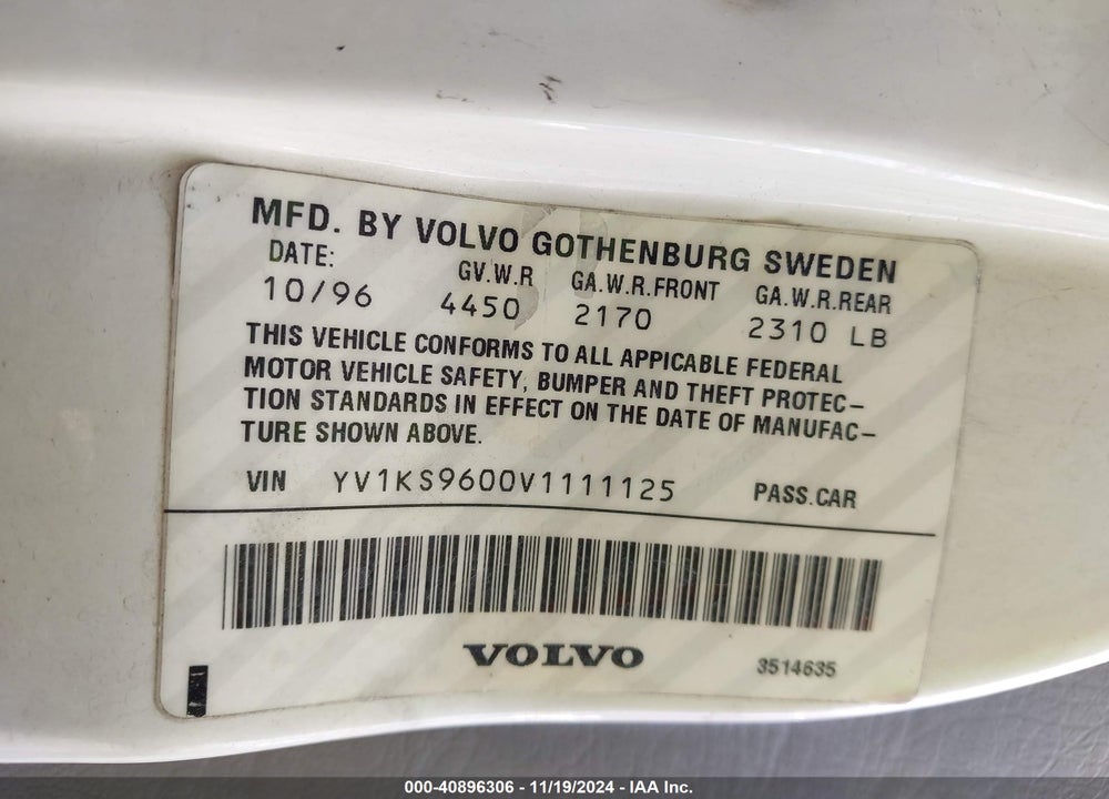 1997 VOLVO 960 VIN: YV1KS9600V1111125