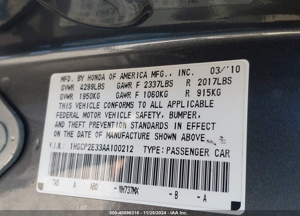 2010 HONDA ACCORD 2.4 LX VIN: 1HGCP2E33AA100212