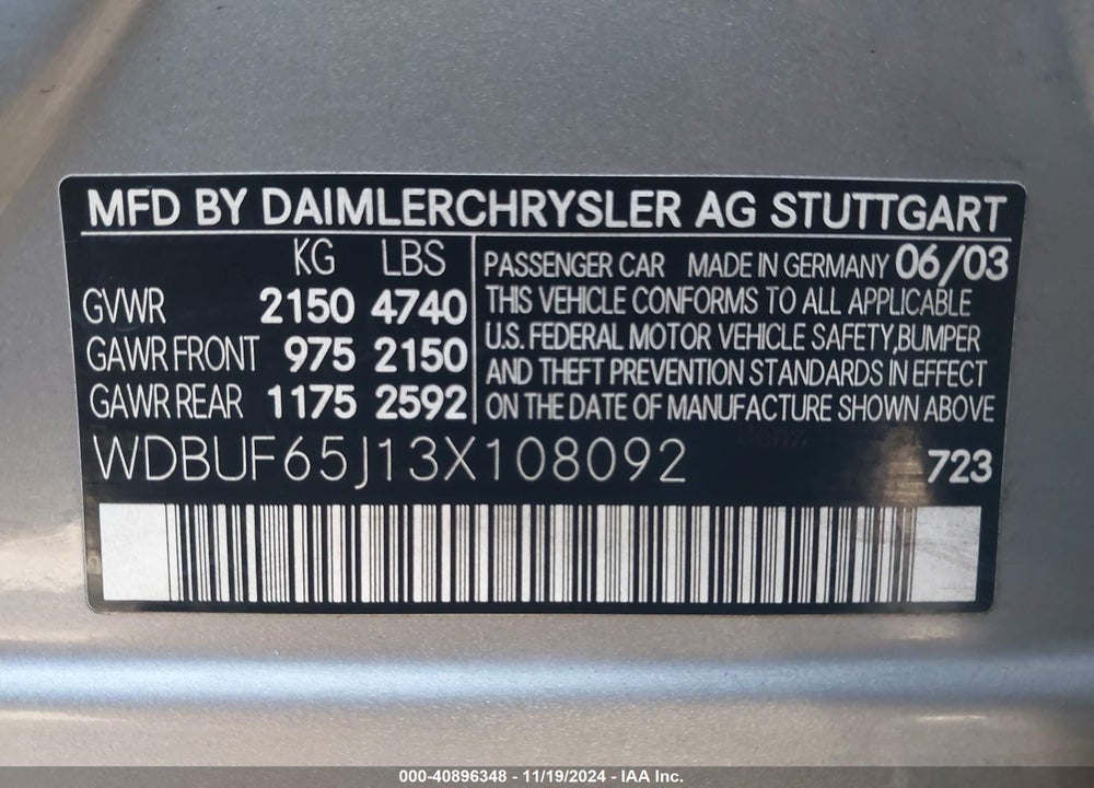 2003 MERCEDES-BENZ E 320 VIN: WDBUF65J13X108092