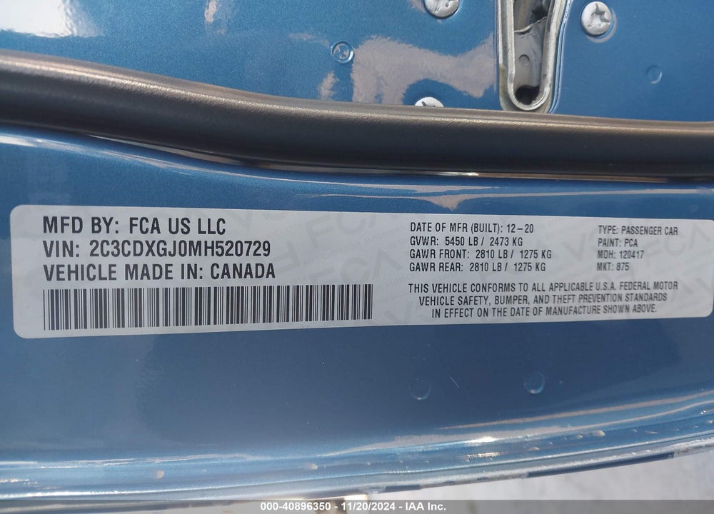2021 DODGE CHARGER VIN: 2C3CDXGJ0MH520729