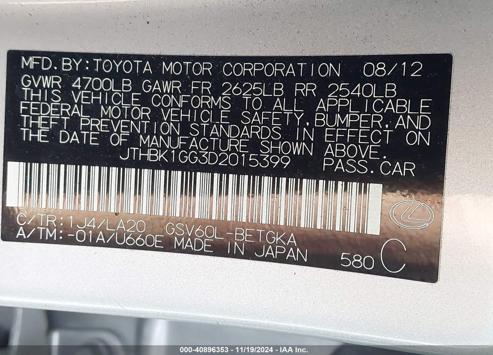 2013 LEXUS ES 350 VIN: JTHBK1GG3D2015399