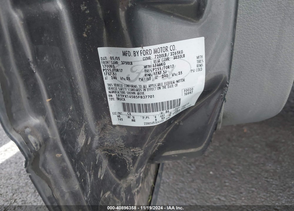2005 FORD F-150 FX4/LARIAT/XL/XLT VIN: 1FTPX14585FB37701