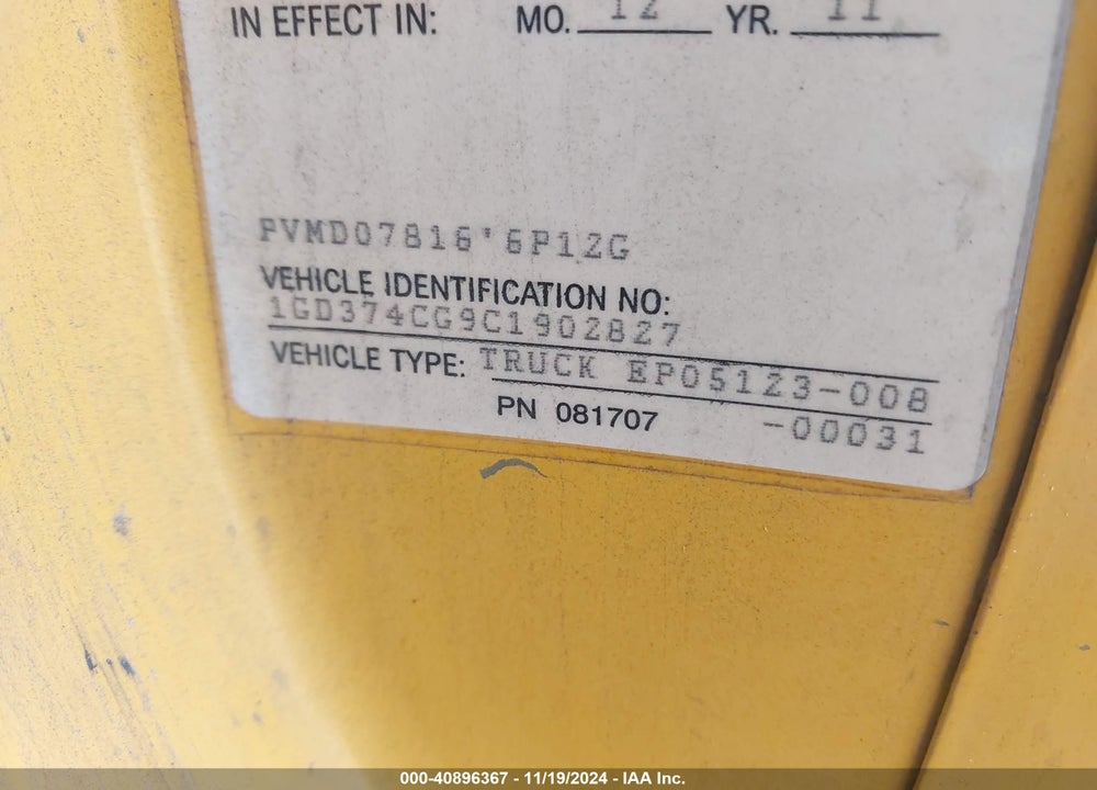 2012 GMC SAVANA CUTAWAY VIN: 1GD374CG9C1902827