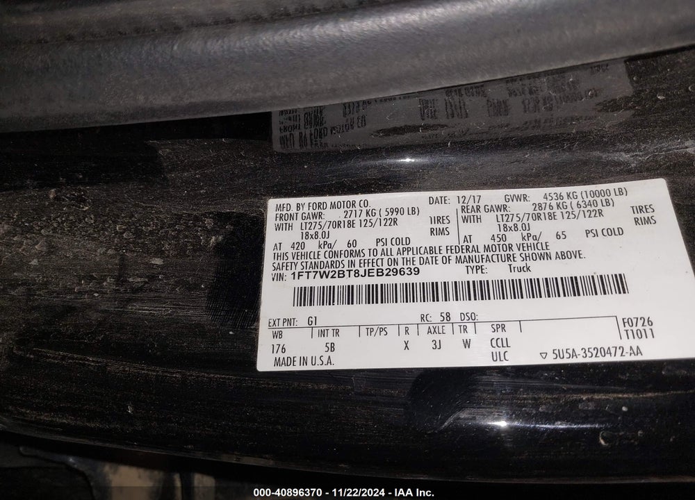 2018 FORD F-250 VIN: 1FT7W2BT8JEB29639