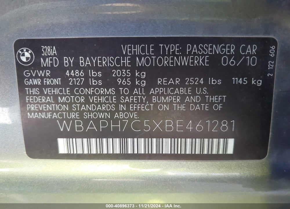 2011 BMW 328I VIN: WBAPH7C5XBE461281