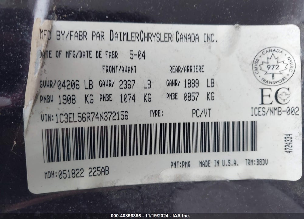 2004 CHRYSLER SEBRING LXI VIN: 1C3EL56R74N372156