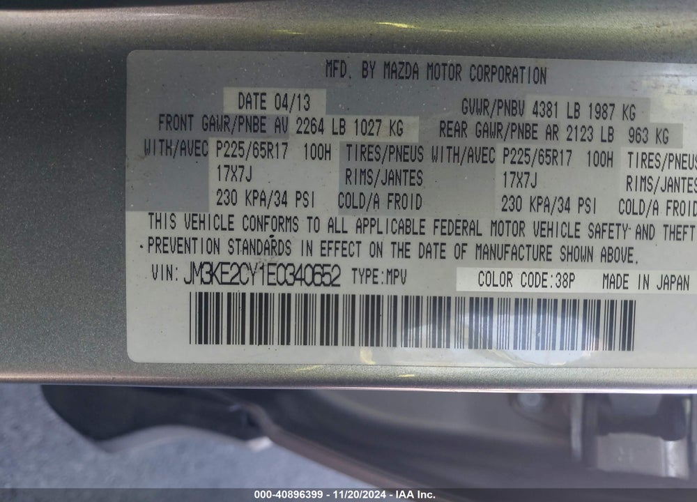 2014 MAZDA CX-5 TOURING VIN: JM3KE2CY1E0340652