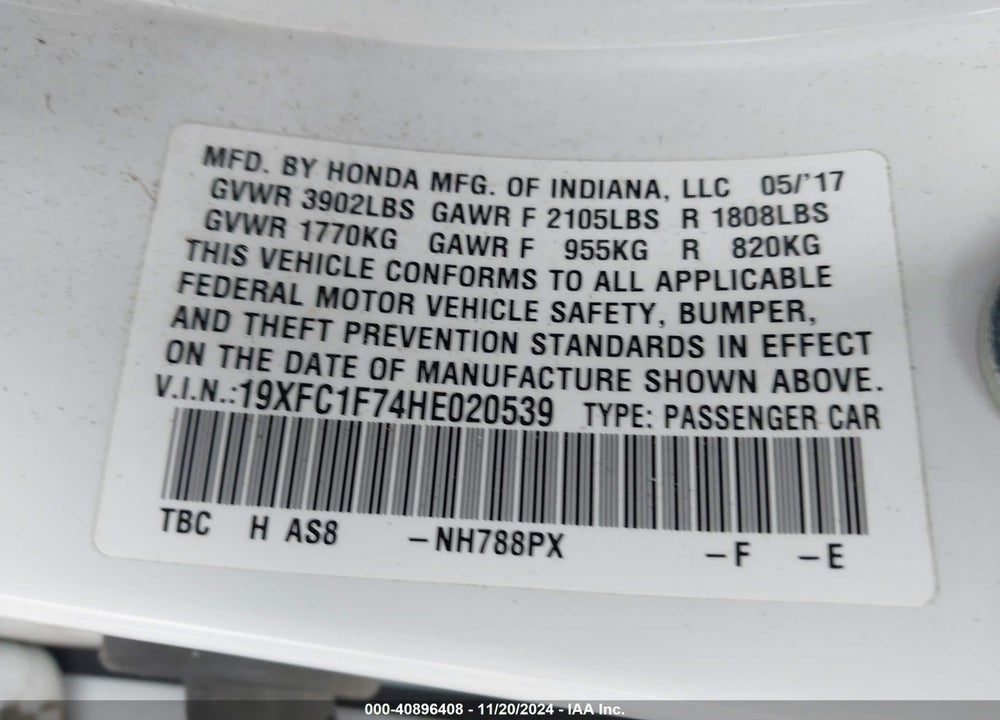 2017 HONDA CIVIC EX-L VIN: 19XFC1F74HE020539