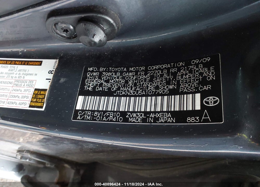 2010 TOYOTA PRIUS II VIN: JTDKN3DU5A1077905