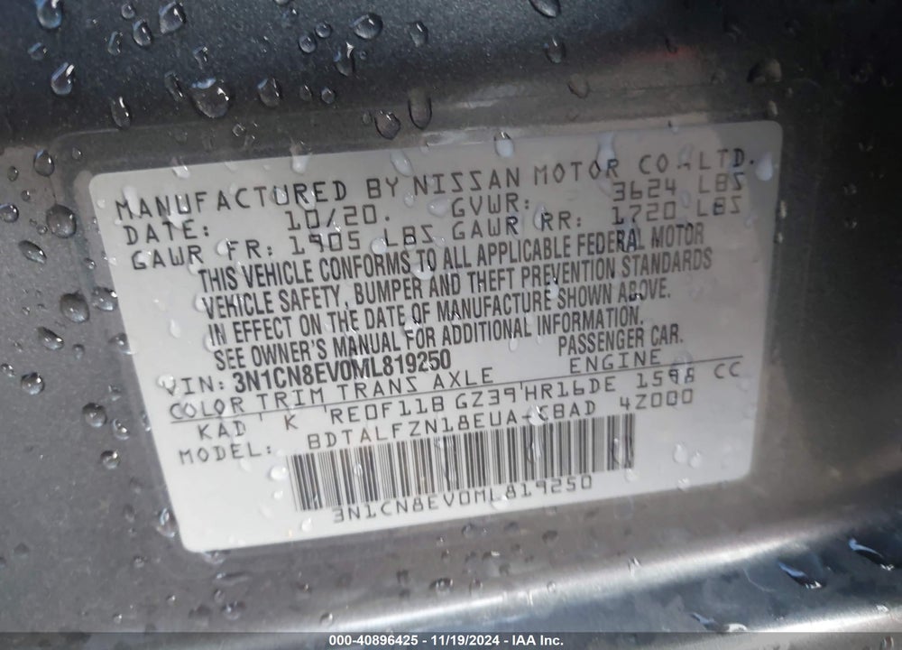 2021 NISSAN VERSA SV XTRONIC CVT VIN: 3N1CN8EV0ML819250