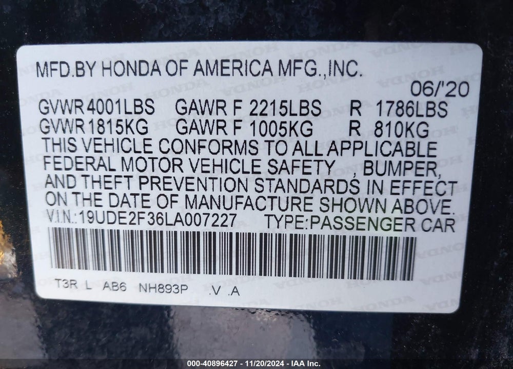 2020 ACURA ILX STANDARD VIN: 19UDE2F36LA007227