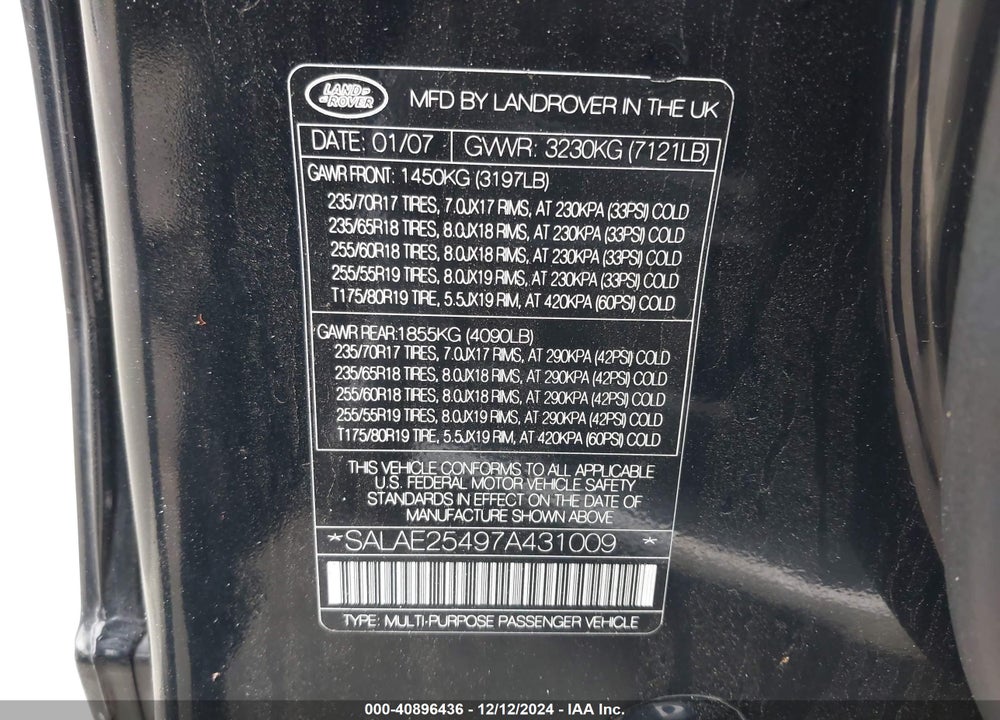 2007 LAND ROVER LR3 V8 SE VIN: SALAE25497A431009