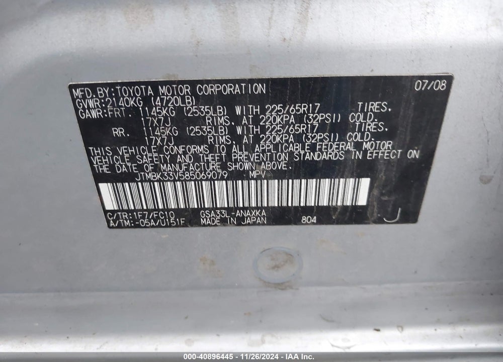 2008 TOYOTA RAV4 BASE V6 VIN: JTMBK33V585069079