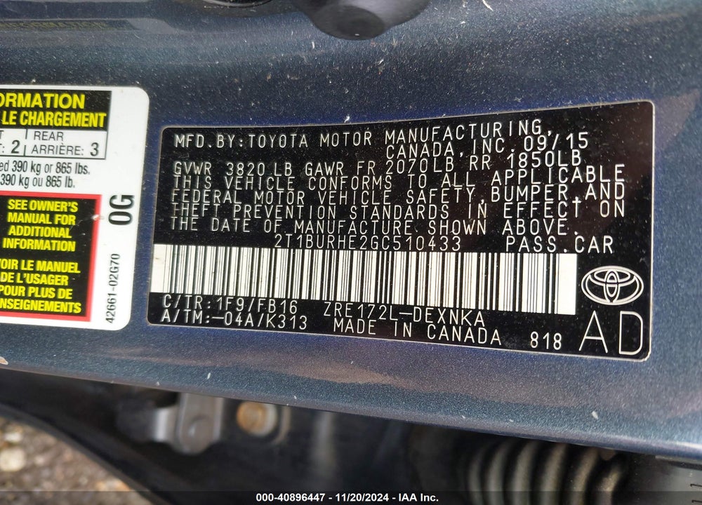 2016 TOYOTA COROLLA LE VIN: 2T1BURHE2GC510433