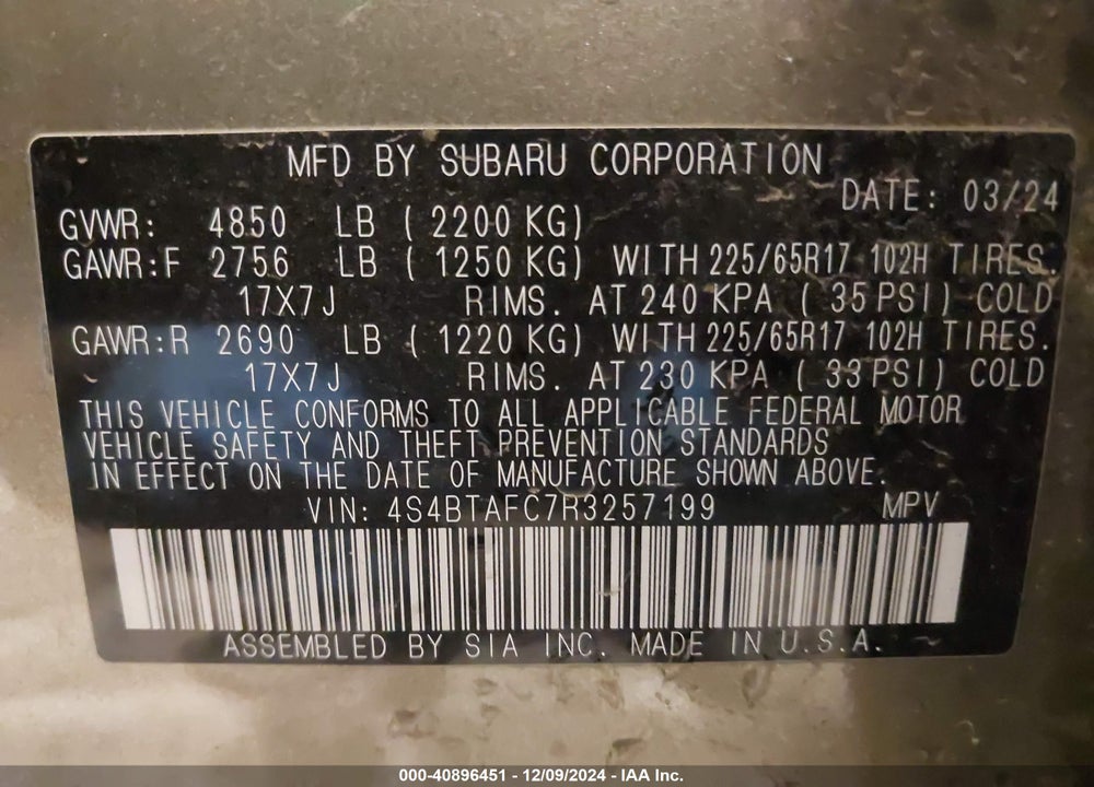 2024 SUBARU OUTBACK PREMIUM VIN: 4S4BTAFC7R3257199