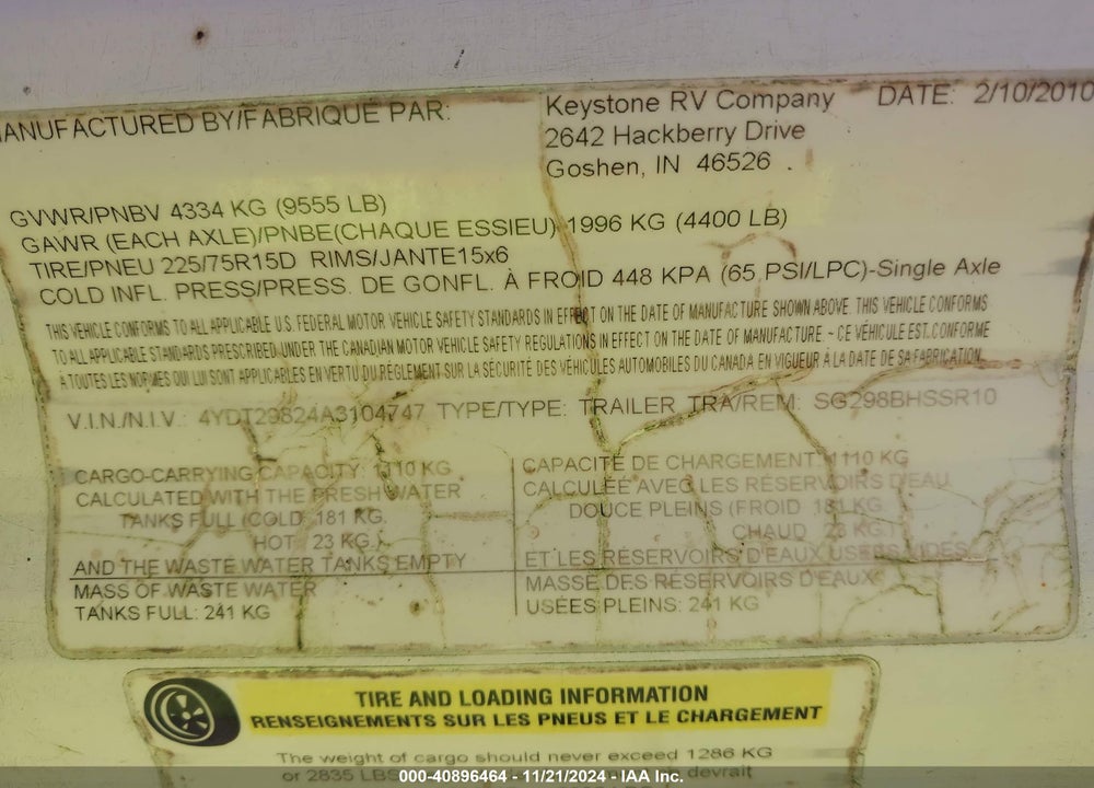 2010 KEYSTONE RV OTHER VIN: 4YDT29824A3104747