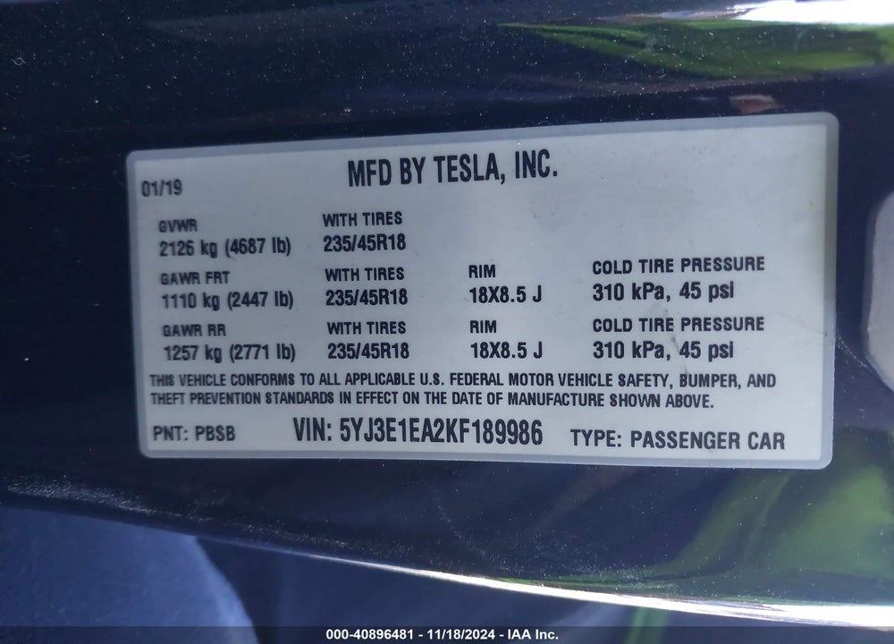 2019 TESLA MODEL 3 LONG RANGE/MID RANGE/STANDARD RANGE/STANDARD RANGE PLUS VIN: 5YJ3E1EA2KF189986