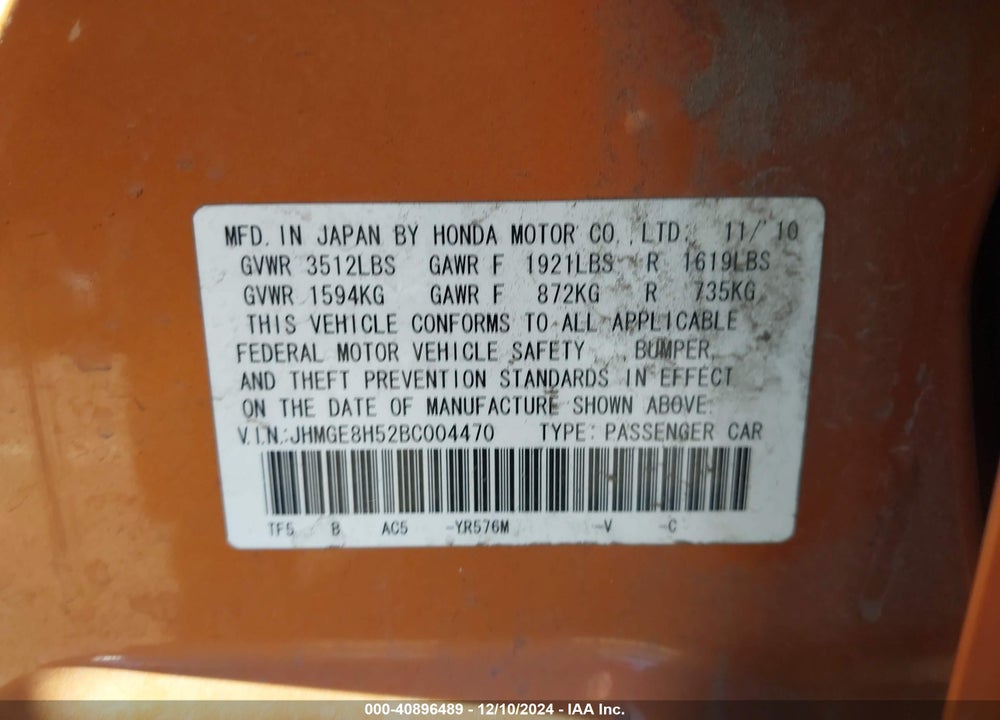 2011 HONDA FIT SPORT VIN: JHMGE8H52BC004470