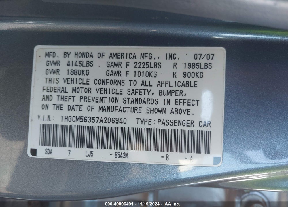 2007 HONDA ACCORD 2.4 SE VIN: 1HGCM56357A206940