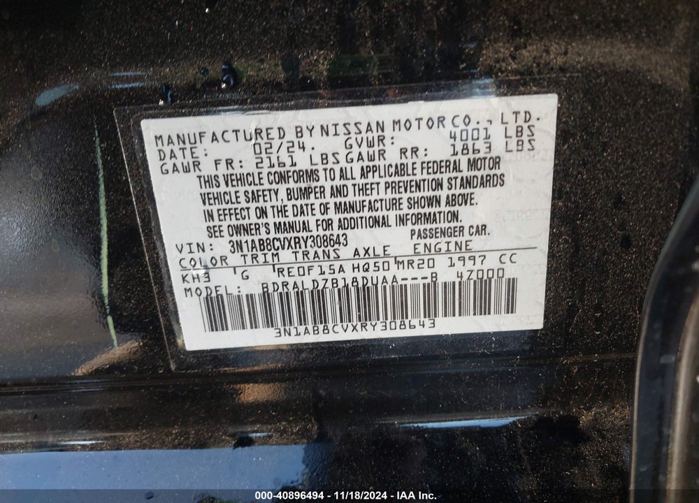 2024 NISSAN SENTRA SV XTRONIC CVT VIN: 3N1AB8CVXRY308643