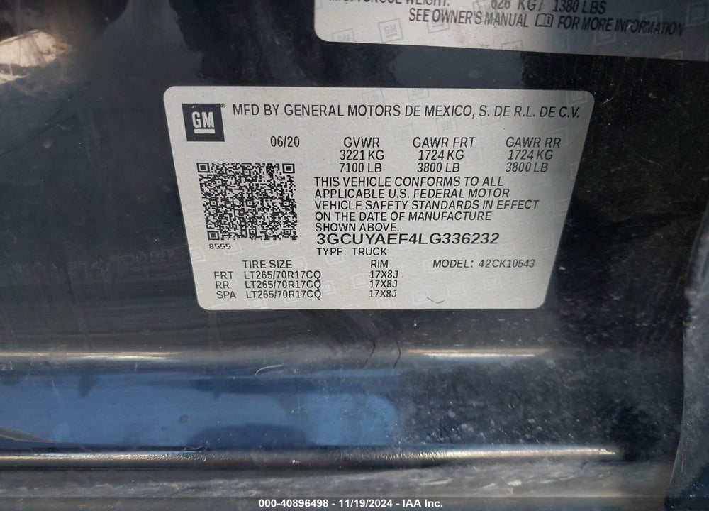 2020 CHEVROLET SILVERADO 1500 4WD SHORT BED WT VIN: 3GCUYAEF4LG336232