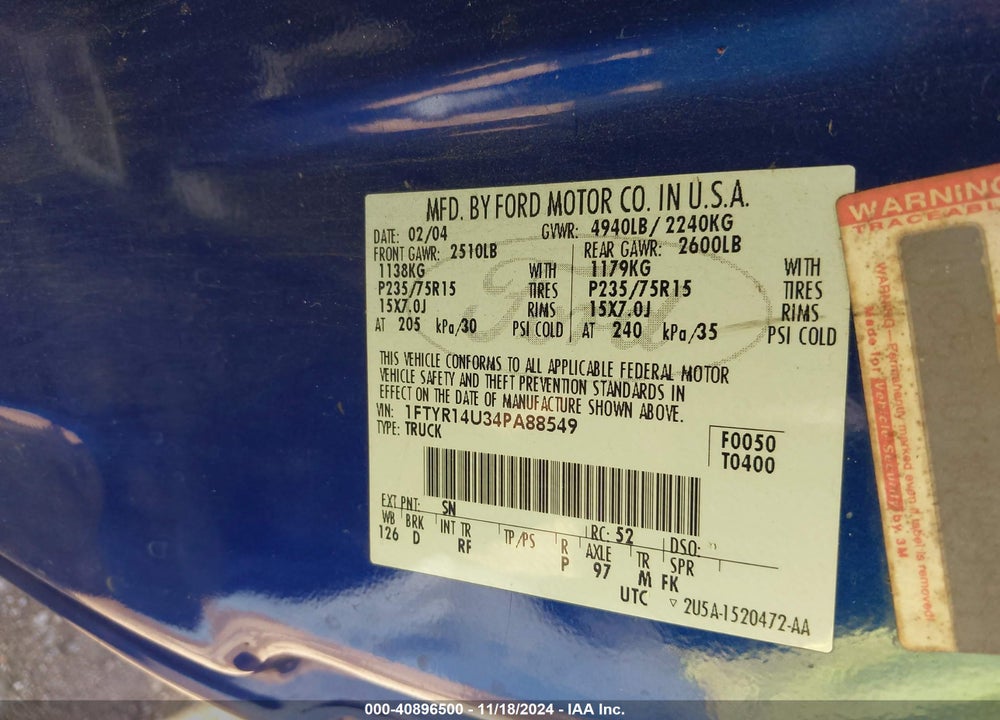 2004 FORD RANGER EDGE/TREMOR/XL/XLT VIN: 1FTYR14U34PA88549