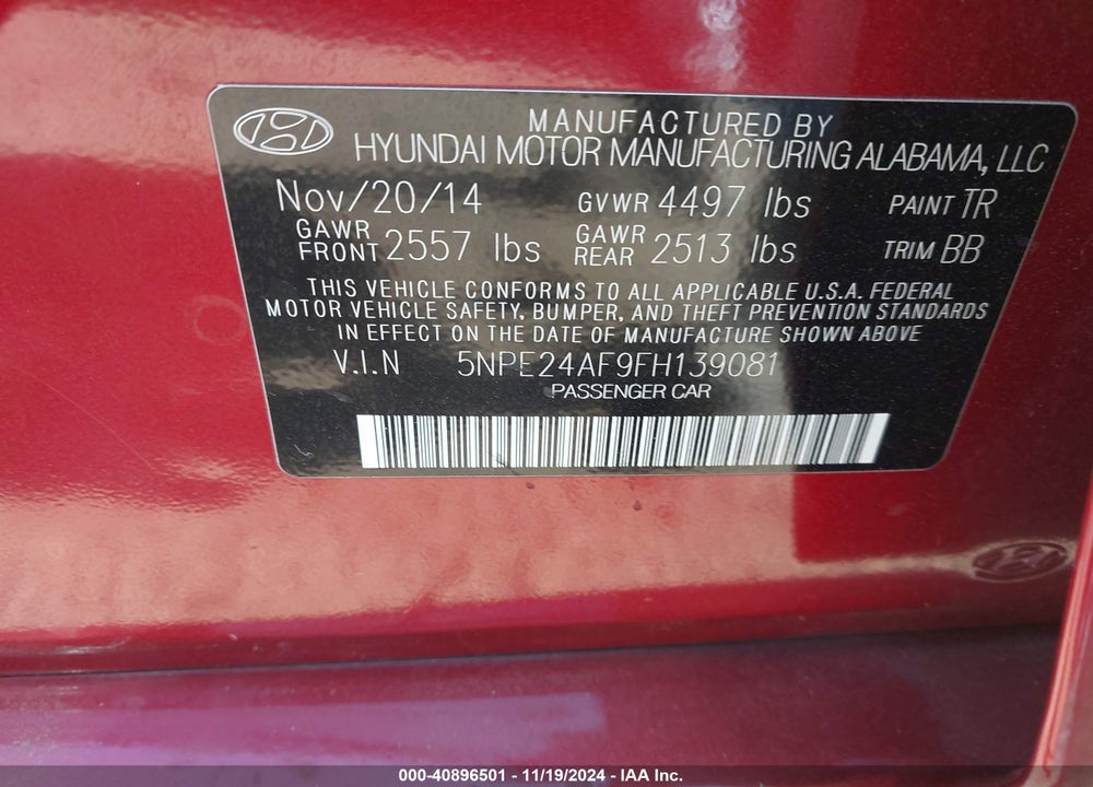 2015 HYUNDAI SONATA SE VIN: 5NPE24AF9FH139081
