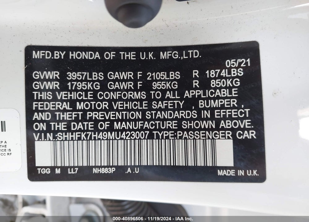 2021 HONDA CIVIC SPORT VIN: SHHFK7H49MU423007