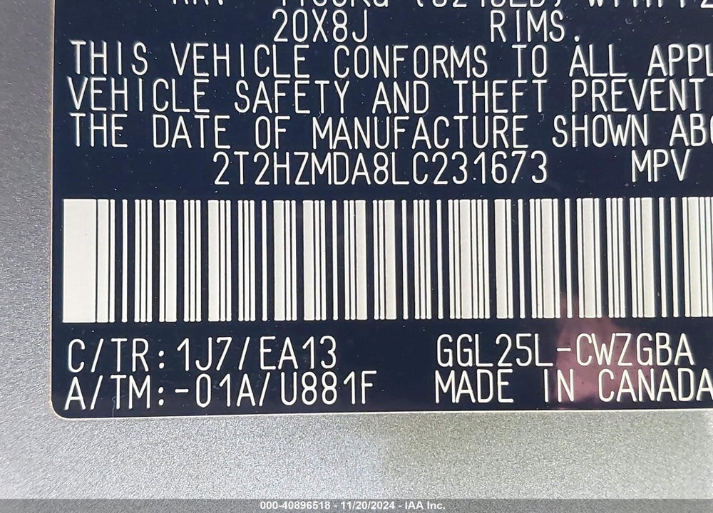 2020 LEXUS RX 350 VIN: 2T2HZMDA8LC231673