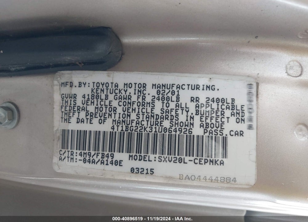 2001 TOYOTA CAMRY LE VIN: 4T1BG22K31U064926