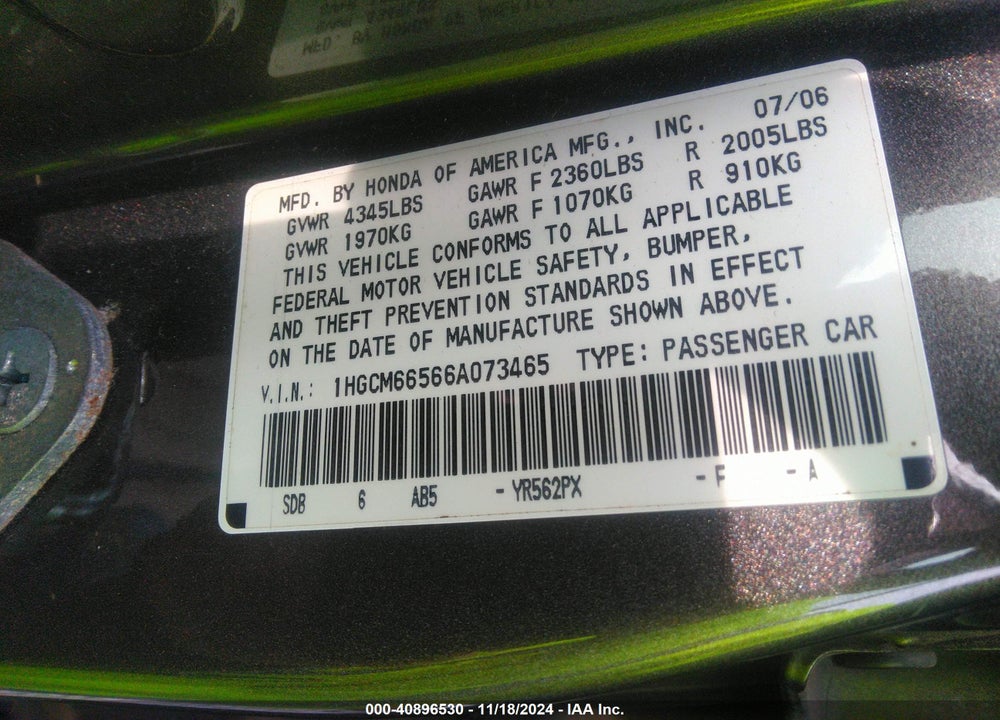 2006 HONDA ACCORD 3.0 EX VIN: 1HGCM66566A073465