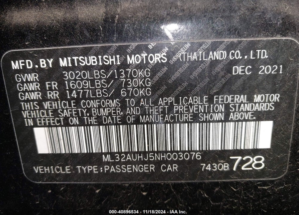 2022 MITSUBISHI MIRAGE ES/LE VIN: ML32AUHJ5NH003076