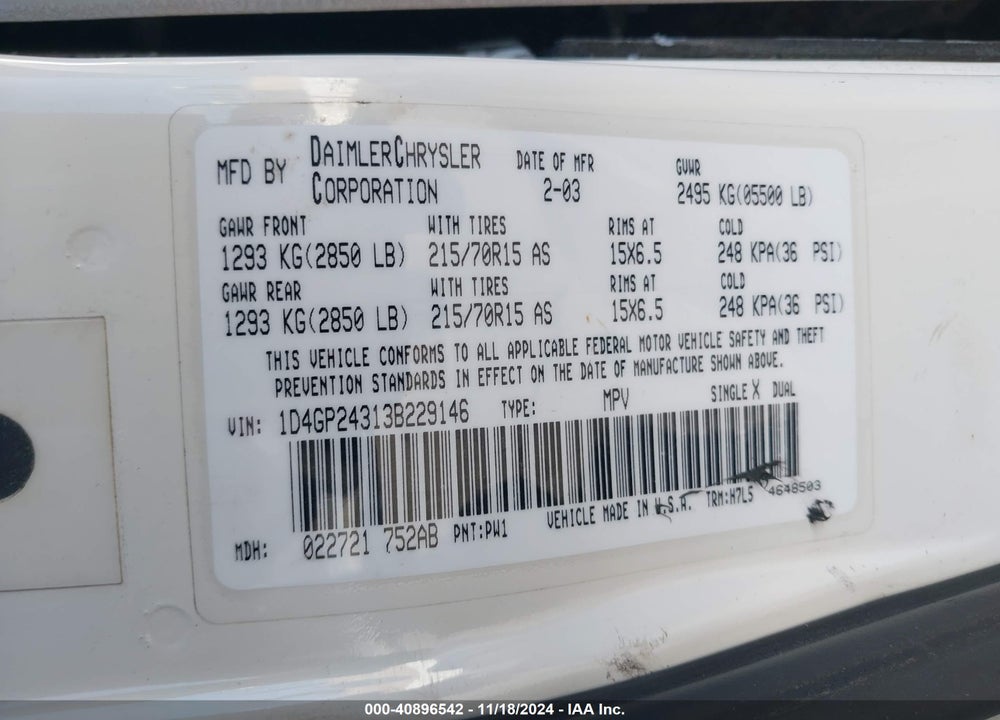 2003 DODGE GRAND CARAVAN SE VIN: 1D4GP24313B229146