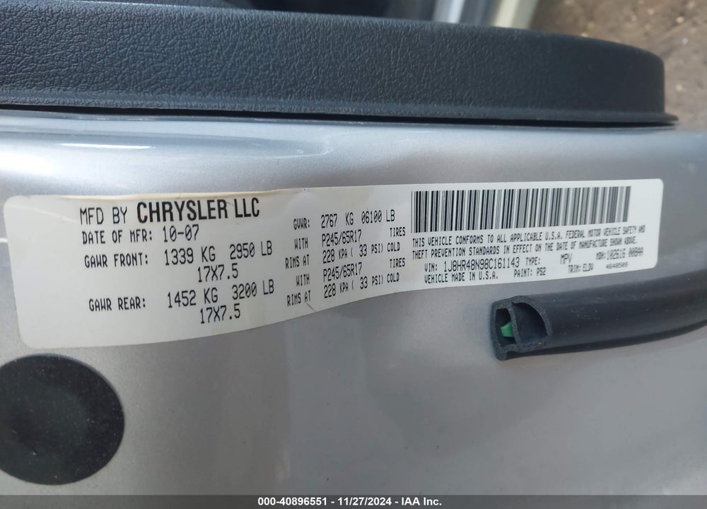 2008 JEEP GRAND CHEROKEE LAREDO VIN: 1J8HR48N98C161143