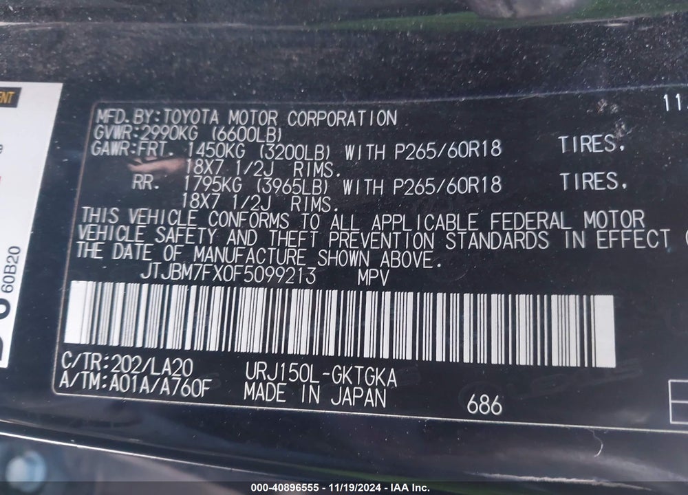 2015 LEXUS GX 460 VIN: JTJBM7FX0F5099213