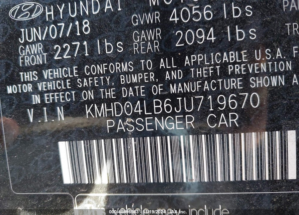 2018 HYUNDAI ELANTRA SPORT VIN: KMHD04LB6JU719670