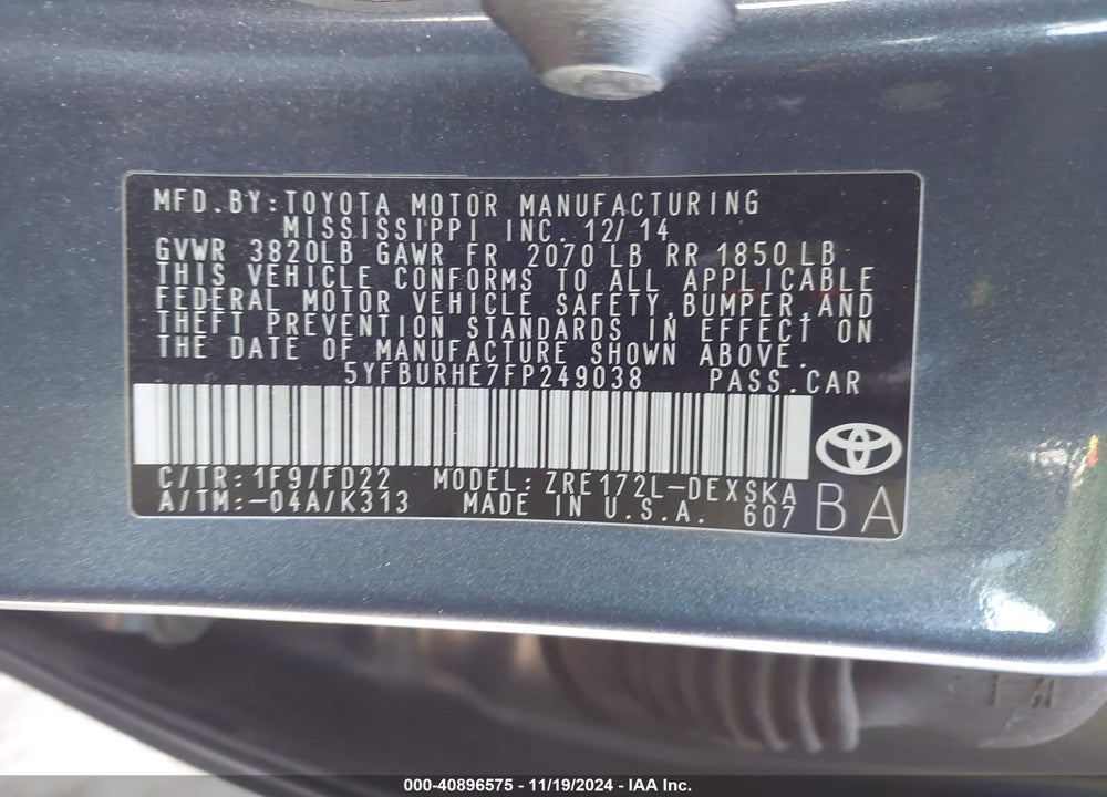 2015 TOYOTA COROLLA S PLUS VIN: 5YFBURHE7FP249038