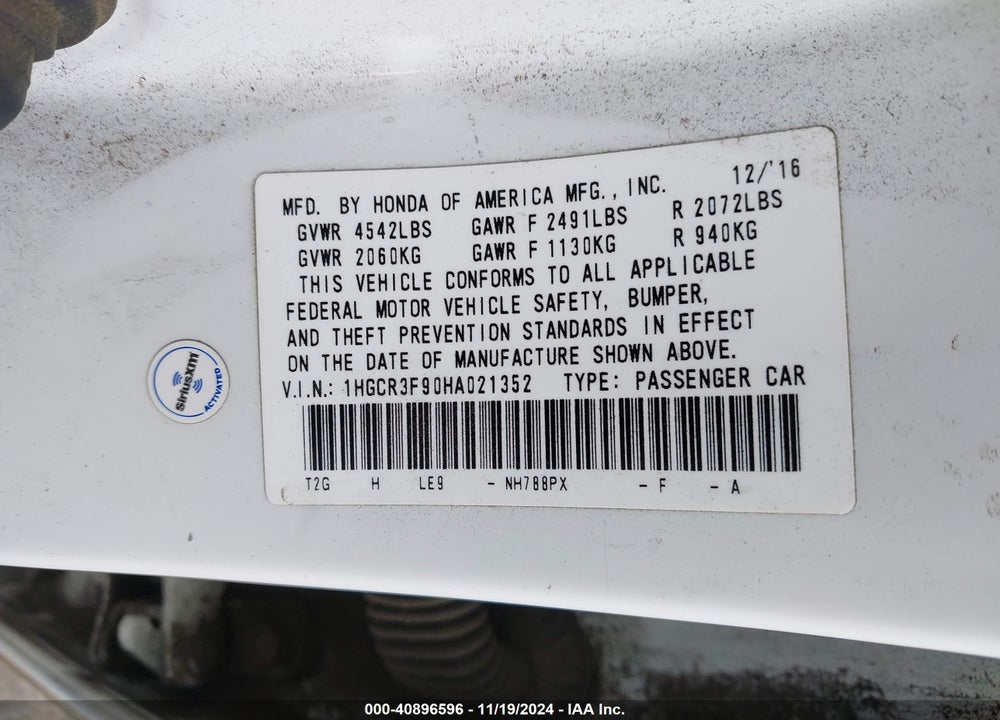 2017 HONDA ACCORD TOURING V6 VIN: 1HGCR3F90HA021352