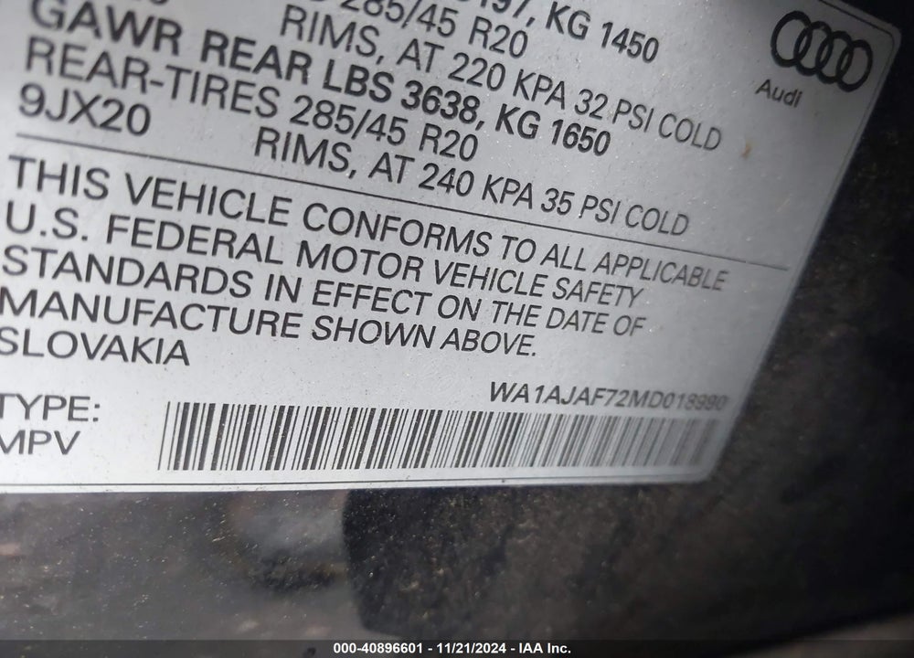 2021 AUDI Q7 PREMIUM 45 TFSI QUATTRO TIPTRONIC VIN: WA1AJAF72MD018990