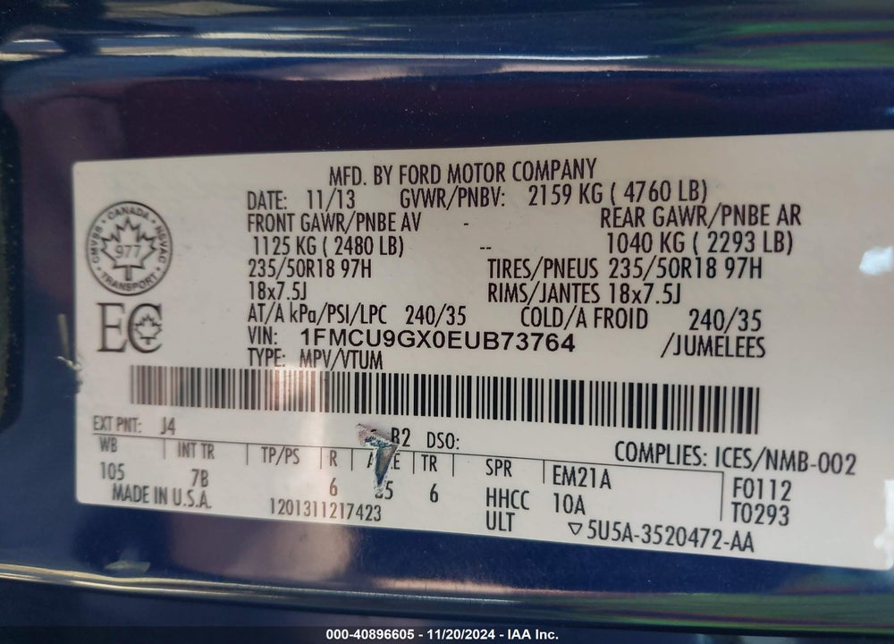 2014 FORD ESCAPE SE VIN: 1FMCU9GX0EUB73764